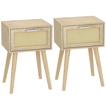 LAATOOREE Nightstand Set of 2, Small Bedside Table, Boho Side End Table, Rattan Door, Solid Wood Feet for Bedroom and Living Room - color: Natural, style: Boho Style