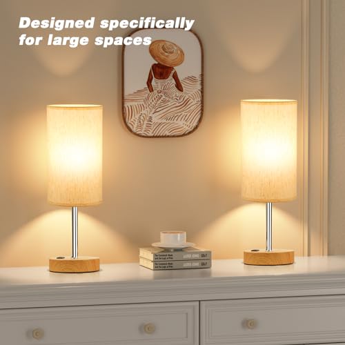 Touch Table Lamp - Cream, 3-Way Dimmable, USB A + C Charging, AC Outlet, 17.4inch Medium, Wood Grain Base - color: Cream Shade-Wood Base, size: 17.4" Touch Control