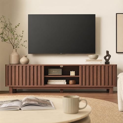 70 Inch Walnut Fluted TV Stand for 80 Inch TVs, Mid Century Modern Entertainment Center with Sliding Doors, Power Outlets, Storage Shelves, Wood Media Console Cabinet for Living Room