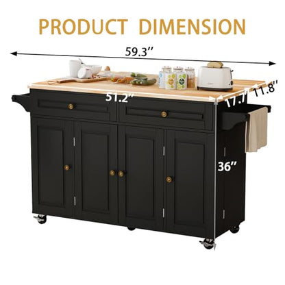 Kitchen Island Cart with Storage on Wheels, 59" Large Rolling Kitchen Island with Drop Leaf, Mobile Island for Kitchen with Towel Rack, Drawers for Dining Room, Black - size: 59.3" W, style: Black