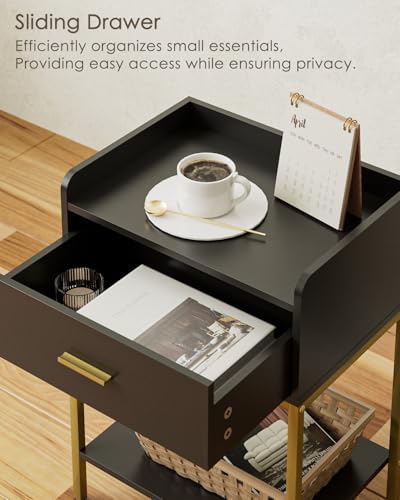 Nightstand,3-Tier Modern Night Stand,Bedside Table with Storage Drawer and Shelf,Small Side Table for Bedroom,Living Room,Black - color: Black