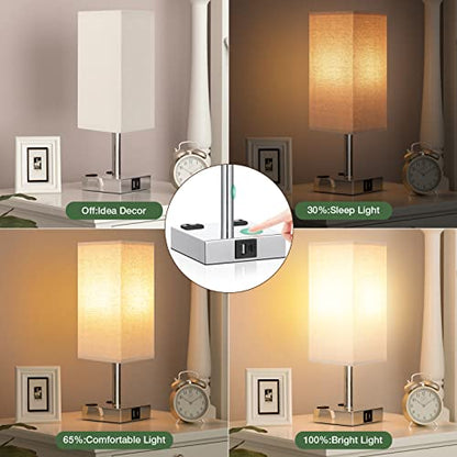 Beige Touch Lamps Set of 2 for Bedroom - Dimmable, USB C+A, 2 AC Outlets | 3-Way Dimming, 3000K LED Bulbs Included, Square Beige Lampshade Silver Base, Small Bedside Lamp for Nightstand, Desk, Dorm - color: Beige-Silver