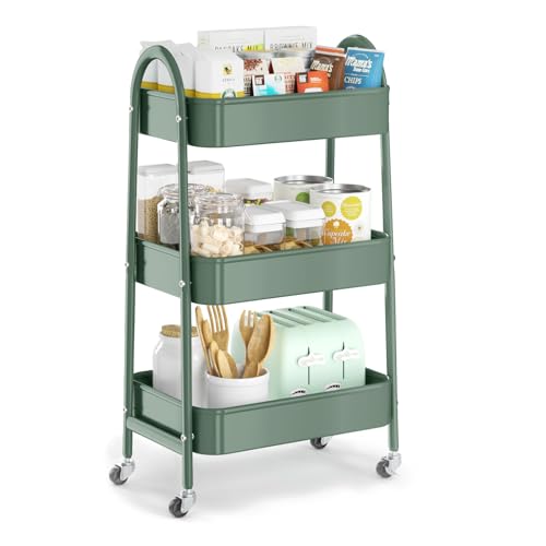 3 Tier Utility Rolling Cart, Metal Storage Cart with Handle and Lockable Wheels, Multifunctional Storage Organizer Trolley with Mesh Baskets for Kitchen, Living Room, Office, Garage (Jungle) - color: Jungle Green, size: Normal