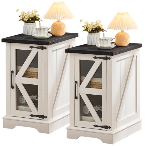 Joaxswe Narrow Night Stand Set 2, Farmhouse Side End Table with Glass Barn Door Storage, Bedside Tables, White Nightstand Cabinet Organizer for Small Spaces Living Room Bedroom - color: Antique White, size: without Charger