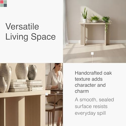 Stead Fluted Console Table – Weathered White Solid Wood Entryway Table with Oak Grain Veneer, Curved Base & Adjustable Feet – Modern Farmhouse Fluted Console Table for Hallway or Living Room.