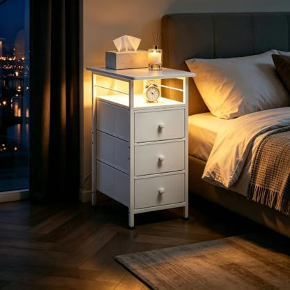 WLIVE Narrow Side Table with Charging Station, End Table with LED Lights,3 Fabric Drawers and Open Shelf, Bed Side Tables Living Room, Small Spaces, Bedroom, White - color: White, size: 3 Drawers