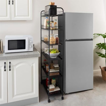 6-Tier Ultra Slim Rolling Storage Cart with Wheels, Narrow Metal Organizer Shelf Unit for Kitchen, Bathroom, Laundry Room, Office, Dorm, RV, Mobile Storage Rack, Black, 6" Wide - size: 6" Wide