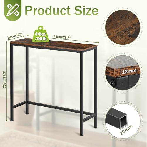 Sturdy Console Table with 98 lb Capacity, Stable Wobble-Free Design for Living Room and Entryway, Heavy Duty Metal Frame, Easy Assembly, 29.5 Inch Narrow Sofa Table, Rustic Brown