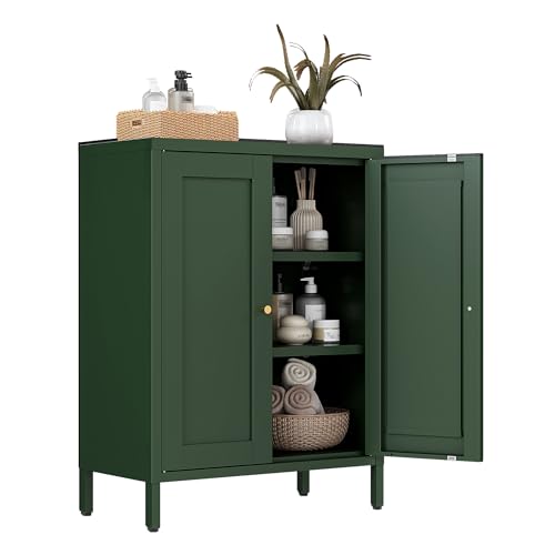 Bevivog Small Bathroom Storage Cabinet, Green Metal Locker Cabinet with 2 Doors and 2 Adjustable Shelves, Metal Floor Cabinets Sideboard for Home Office, Living Room, Hallway, Entryway - color: Forest Green, size: 31.5"H x 23.6"W x 12"D