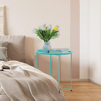 Garden 4 you End Table Metal Side Table Green Round Folding Tray Cyan Sofa Small Accent Fold-able Table, Round End Table Tray, Next to Sofa Table, Snack Table for Living Room and Bed Room - color: Green