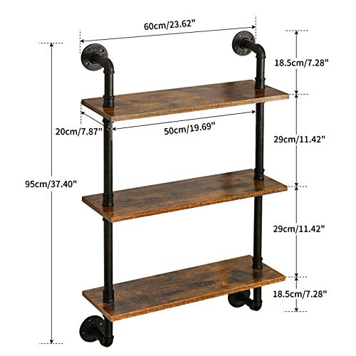IBUYKE 3-Tiers Industrial Pipe Shelves, Pipe Floating Shelves RF-TM003 | Rustic Wall Mount Bookcase,Metal Bracket Storage Wall Shelf for Bedroom, Kitchen - size: 3 Tier