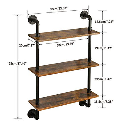 IBUYKE 3-Tiers Industrial Pipe Shelves, Pipe Floating Shelves RF-TM003 | Rustic Wall Mount Bookcase,Metal Bracket Storage Wall Shelf for Bedroom, Kitchen - size: 3 Tier