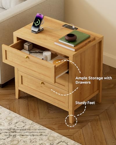 Large Nightstand Set of 2 with 3 Drawers, Farmhouse Bedside End Table with Charging Station, Modern Wood Night Stand for Sofa, Bedroom, Natural Oak - color: Natural Oak, size: 2 PCS (3 Drawers)