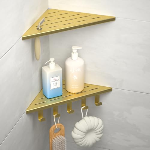10‘’ Corner Shower Shelf, 304 Stainless Steel Shelves for Bathroom, Grout in Shelf with Hooks for Tiled Wall (Gold) - color: Gold