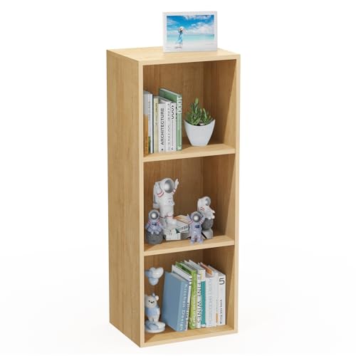 3 Tier Bookshelf, Narrow Bookcase for Small Spaces, Wooden Book Case Bookshelves Storage Organizer for Bedroom Living Room Home Office (Oak, 3 Cube) - color: Oak, size: 3-Cube