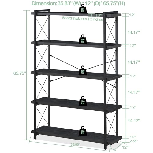 HCHQHS Bookshelf, 5-Tier Industrial Bookcase, Black Open Book Shelf, Freestanding Tall Bookshelves with Metal Frame - color: Ebony Black, size: 5-Tier (35.8"W x 65.7"H)