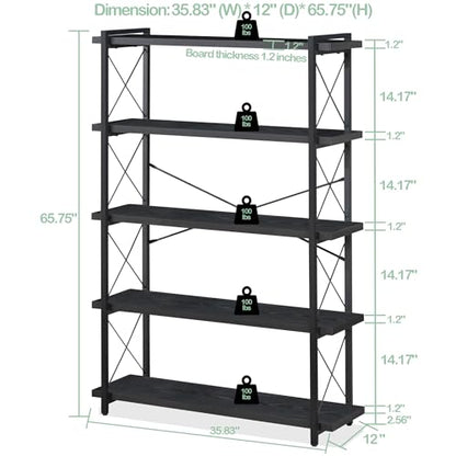 HCHQHS Bookshelf, 5-Tier Industrial Bookcase, Black Open Book Shelf, Freestanding Tall Bookshelves with Metal Frame - color: Ebony Black, size: 5-Tier (35.8"W x 65.7"H)