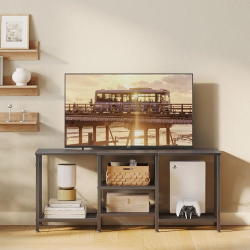 JARHETUN TV Stand for 55 Inch TV, Entertainment Center with 3-Tier Open Shelves, TV Console Table for Living Room, Bedroom, Black - color: Black