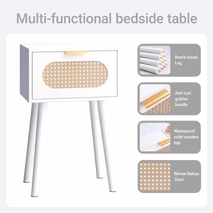 Nightstands Set of 2, Bedside Table with Rattan Door, Boho End Table with Solid Wood Legs for Bedroom, Living Room, Small Space Nightstands, White Color, HNS001W - color: White