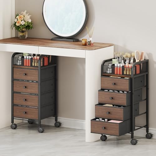 SWTYMIKI Rolling Makeup Organizer Cart - Under Desk Vanity Makeup Storage with 4 Non-woven Drawers, Nail Cart Organizer Cosmetic Display Cases Cabinet for Skin Care Perfume Nail Polish Brush Hair Tool - color: Black, size: 5-Tier