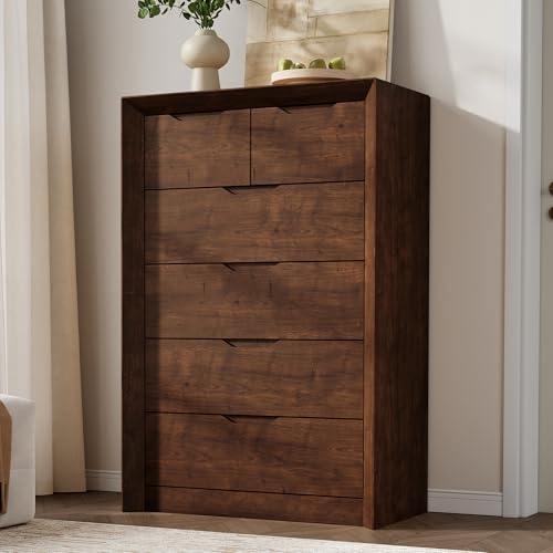 YANSNWO Walnut 6 Drawer Dresser for Bedroom, 47.4" Tall Dressers & Chest of Drawers with Unique Panel & Thickened Frame, Mid Century Modern Dresser with Handless Design for Living Room, Hallway - color: Walnut, size: 15.6"D x 31.5"W x 47.4"H (6 Drawers)