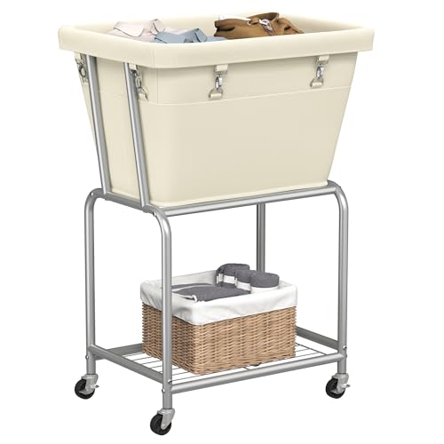 ELYKEN Rolling Laundry Hamper with Wheels, Removable Bag, Laundry Cart | Heavy Duty Metal Frame, 2-Tier Clothes Basket with Shelf, Ideal for Closet, Bedroom, Bathroom & Laundry Room, Cream - color: Cream, size: 20.3"L x 15.9"W x 30.9"H