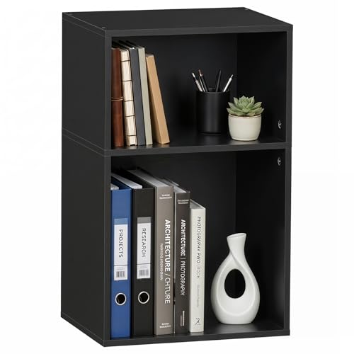 YAHARBO 2 Cube Bookshelf, Black Record Player Stand with Vinyl Storage Up to 100 Albums, Horizontal Book Shelf, Small Cubby Bookcase with Storage Organizer, Turntable Stand for Living Room, Bedroom - color: Black, size: 38CM