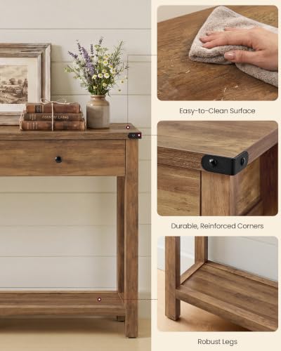 VASAGLE LIRY Collection Narrow Console Table with 3 Drawers, Brown | Long Sofa Table with Storage Shelf, 9.4 x 63 x 29.9 Inch, Farmhouse Style, Easy Assembly, ULNT148K101 - color: Honey Brown, size: 9.4"D x 63"W x 29.9"H