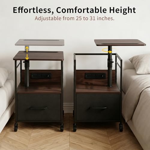Small Bedside Table with Charging Station, Rolling Side Table with Wheels, Small Nightstand with Drawer Storage for Bedroom - Black Walnut Look - color: Black Walnut
