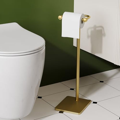 RUACQ Bathroom Toilet Paper Holder Stand, Brushed Gold | Dual-Post Pivoting Free Standing Toilet Roll Holder with Weighted Base, Anti-drop Design 304 Stainless Steel Tissue Stand - color: Brushed Gold, size: Free Standing