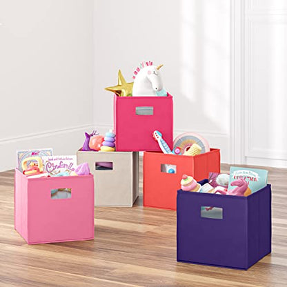RiverRidge Folding Storage Bins - 2-pack of 10in Tall Pink Cubes | Fabric Bins, Set of 2 Storage Cubes, Cut-out Handles, Playroom Closet Organizer, Collapsible Cubby with Bottom Board Insert - color: 2 Pink 10in H Bins