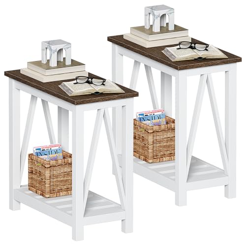 ChooChoo Farmhouse End Table Set of 2, Rustic Vintage Narrow End Side Table with Storage Shelf for Small Spaces, Nightstand Sofa Table for Living Room, Bedroom White - color: White, size: 2 Pack