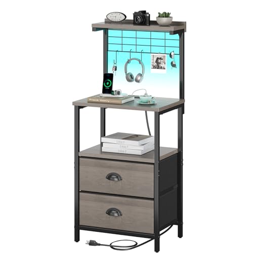 sthmec Tall Nightstands with Charging Station, LED Night Stand Bedsides with 2 Drawers Fabric, Hooks,USB Port and Open Storage Shelves,Tall End Table Bedside for Bedroom,Office, Grey - color: Grey, style: 2 Drawers