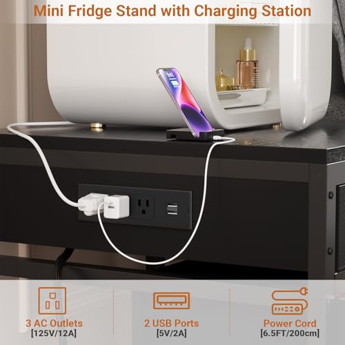 Unikito Mini Fridge Stand with Drawer Storage and Power Outlet, Heavy Duty Mobile Mini Fridge Shelf with Lockable Wheels, Beverage Refrigerator Table Stand, 22.8" L x 21.6" W, Max Load 300 LBS, Black - color: Black