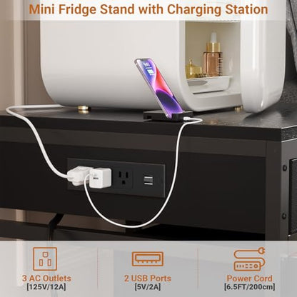 Unikito Mini Fridge Stand with Drawer Storage & Power Outlet, Black | Heavy duty mobile beverage refrigerator shelf with lockable wheels, 22.8" x 21.6" table, max load 300 lbs for office. - color: Black