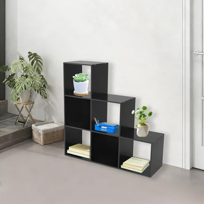 3-Tier Stepped Bookshelf, 6 Cube Storage Organizer Floor Standing Storage Shelf Modern Open Bookshelf for Home and Office (Black) - size: 6 Cube L-Shaped Black