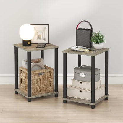 Furinno Turn-N-Tube Night Stand Set of 2, 2-Tier Nightstand, French Oak | Stackable, Open Shelf, Toolless Bedside Table, Side Table, End Table for Living Room, Bedroom - color: French Oak/Black, size: 2-Tier, Round Tubes