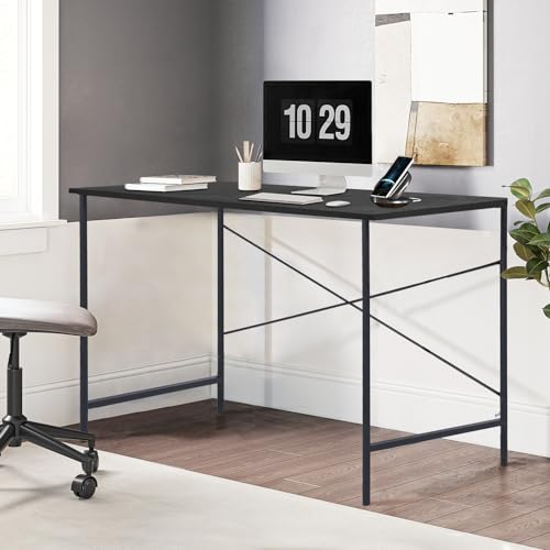 FurnitureR Home Office Desk 47.2-Inch, Simple Computer Desk with Sturdy Metal Legs, Multi-Purpose Writing Table for Students, Work, or Study, Black - color: Black