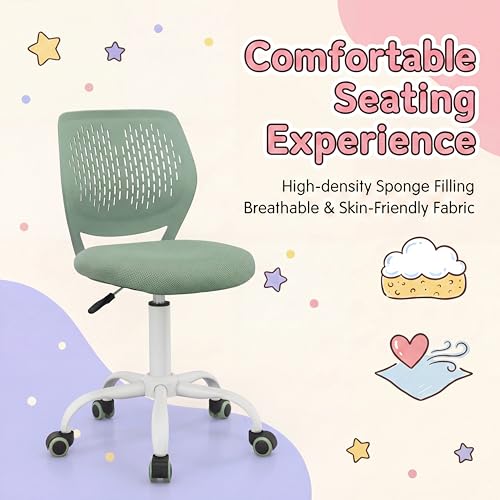 Costzon Kids Desk Chair, Armless Height Adjustable Kids Computer Chair w/Elastic Sponge Filling, Ergonomic Backrest & Stable 5-Point Wheels, Children Rolling Swivel Chair for Studyroom (Sage) - color: Sage