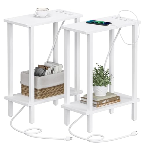 TUTOTAK Narrow Side Table Set of 2, Small End Table with Charging Station | 2-Tier Skinny Sofa Table, Slim Nightstand, Easy Assembly for Living Room, Bedroom, White TB01BW0602 - color: White, size: 2-tier