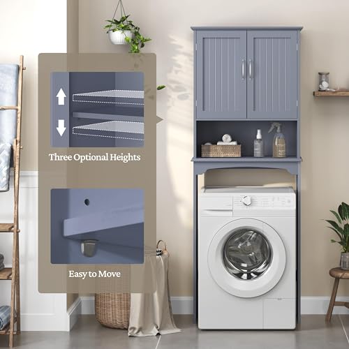 Yaheetech Over The Toilet Bathroom Cabinet with 2 Doors & Adjustable Shelf, Free Standing Toilet Rack Space-Saving, L24.5xW9xH66 Inches, Grey - color: Grey