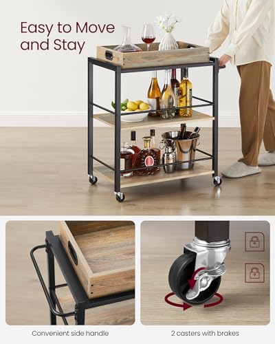 VASAGLE Kitchen Serving Cart with Removable Tray, 3-Tier Kitchen Utility Cart on Wheels with Storage, with Brakes, Leveling Feet, 15.7 x 28.3 x 33.9 Inches, Turquoise Brown and Ink Black ULRC072K60 - color: Turquoise Brown + Black, size: 15.7"D x 28.3"W x