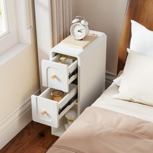 Narrow Nightstand with 2 Drawers, Small Bedside Tables, Mid-Century Modern Slim Night Stand with Storage, Wooden End Table for Small Spaces, Bedroom, Living Room - color: 2drawers-white-1pcs
