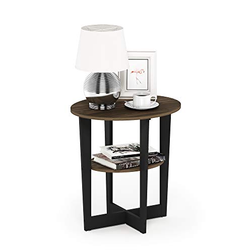 Furinno JAYA Side Table, 2-Tier Round Modern End Table with Oval Tabletop, Night Stand, Bedside Table with Open Shelf, for Living Room, Bedroom, Columbia Walnut - color: Columbia Walnut/Black, size: 1-Pack, 2 Tiers, Oval Panel