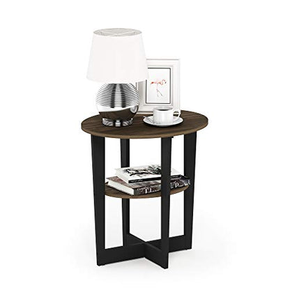 Furinno JAYA Side Table, 2-Tier Round Modern End Table with Oval Tabletop, Night Stand, Bedside Table with Open Shelf, for Living Room, Bedroom, Columbia Walnut - color: Columbia Walnut/Black, size: 1-Pack, 2 Tiers, Oval Panel