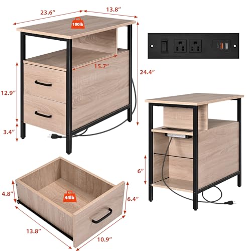 Livofloral Side Tables with Charging Station, Narrow End Table with 2 Wooden Drawers, USB Ports and Power Outlets, Narrow Nightstand and Bedside Table, Side Tables Living Room, Bedroom, Greige - color: Greige