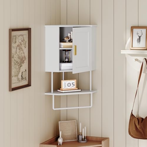 MAHANCRIS Bathroom Wall Cabinet, Corner Wall Mount Medicine Cabinet with Adjustable Shelf & Towel Bar, 3-Tier Over Toilet Storage Cabinets for Bathroom Laundry Room Kitchen, for Small Space, White