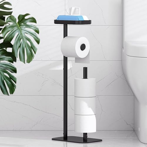 Kitsure Metal Toilet Paper Holder Free Standing, Medium, Black | Rustproof Toilet Paper Stand for 4 Rolls, Bathroom Organizers and Storage with Anti-Slip Base and Plastic Shelf - color: Black, size: Medium - 1 Pack