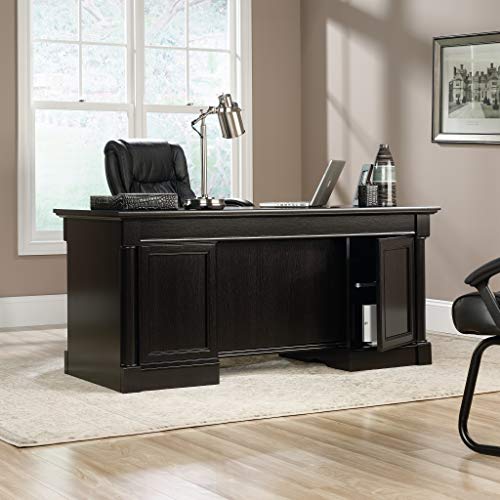 Sauder Palladia Office Desk with Drawers, Executive Desk with File Cabinet Storage, Cable Management, Keyboard Tray, in Wind Oak Finish - color: Wind Oak