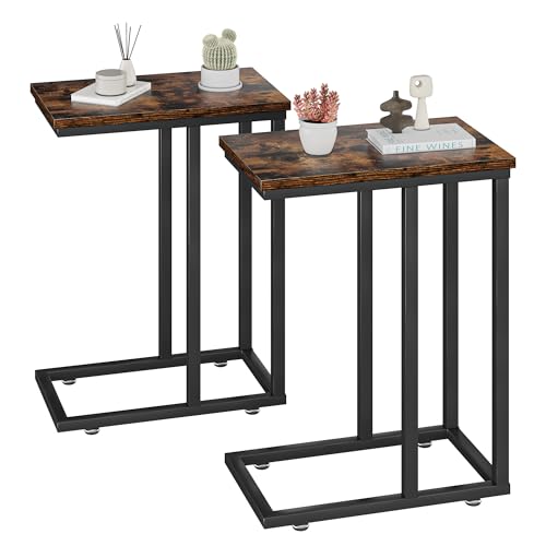 VECELO Universal C-Shaped Side Table, Multi-Functional Snack & TV Tray for Living Room, Bedroom, Brown (2 Set) - color: Brown, size: 2 Set